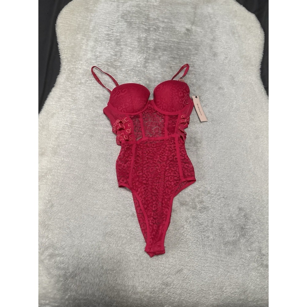BCBG Generation Size Large Pink Logo Lace Underwire Snap Crotch Bodysuit NWT